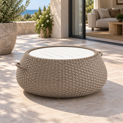 Lifestyle view: Santorini Coffee Table, Low, photographed in a quiet outdoor courtyard