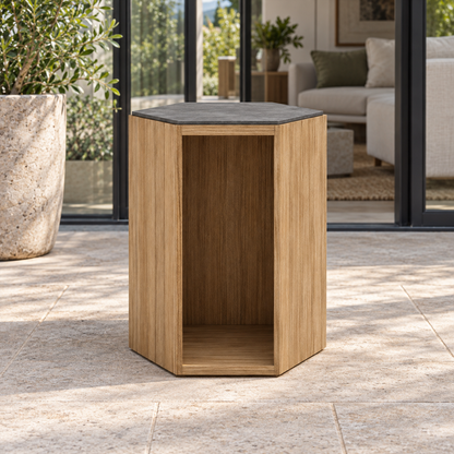 Lifestyle view: Santorini Occasional Table, Teak, photographed in a quiet outdoor courtyard