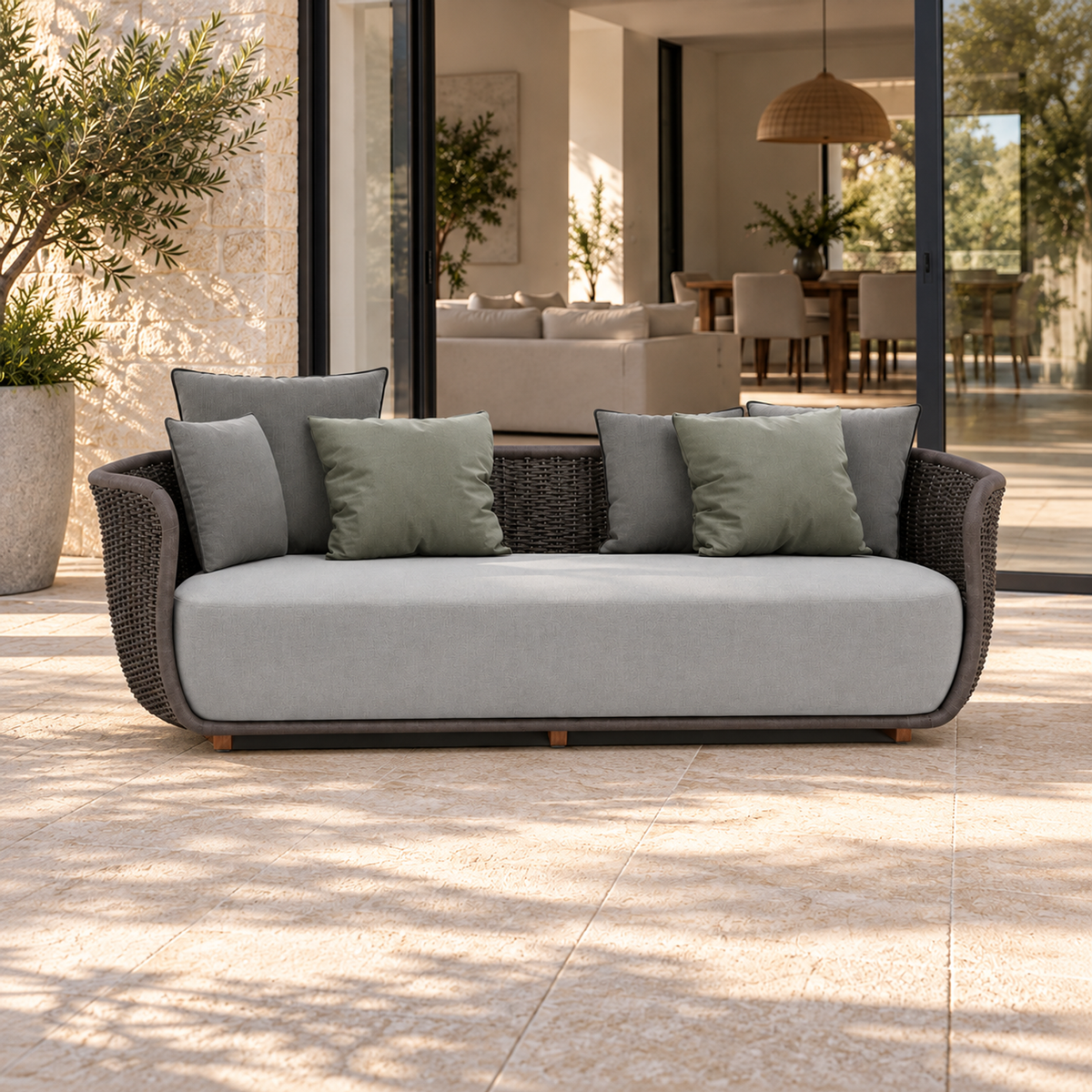 Lifestyle view: Santorini Sofa, 180 cm, photographed in a quiet outdoor courtyard