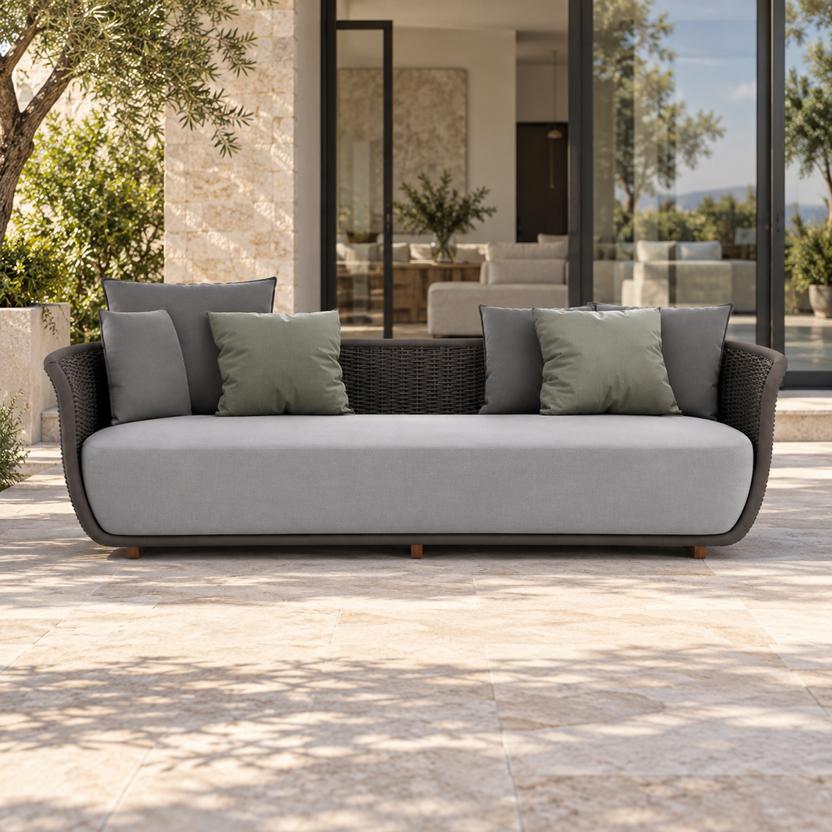 Lifestyle view: Santorini Sofa, 240 cm, photographed in a quiet outdoor courtyard
