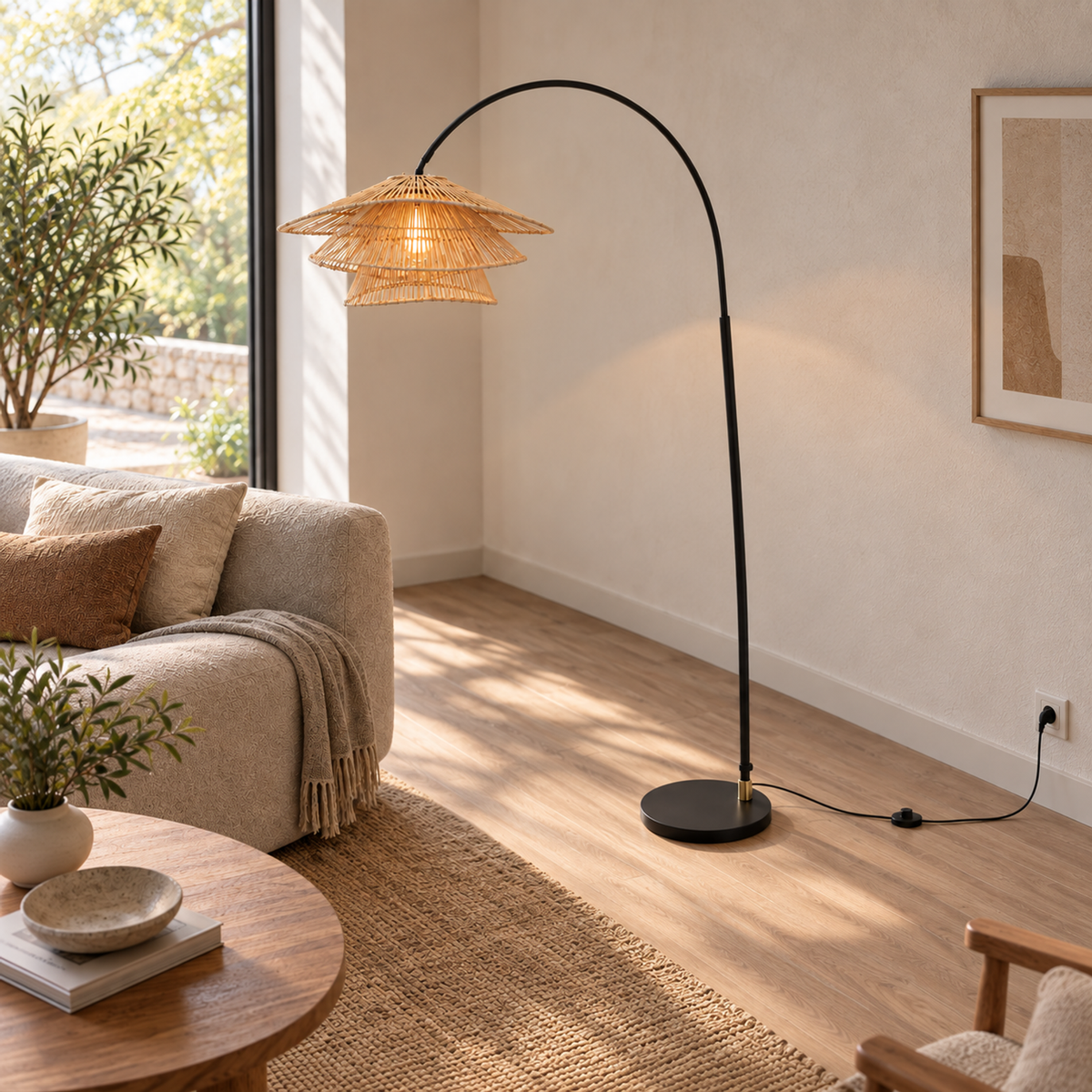 Lifestyle view: Cannella Arc Floor Lamp, Arc in a furnished setting