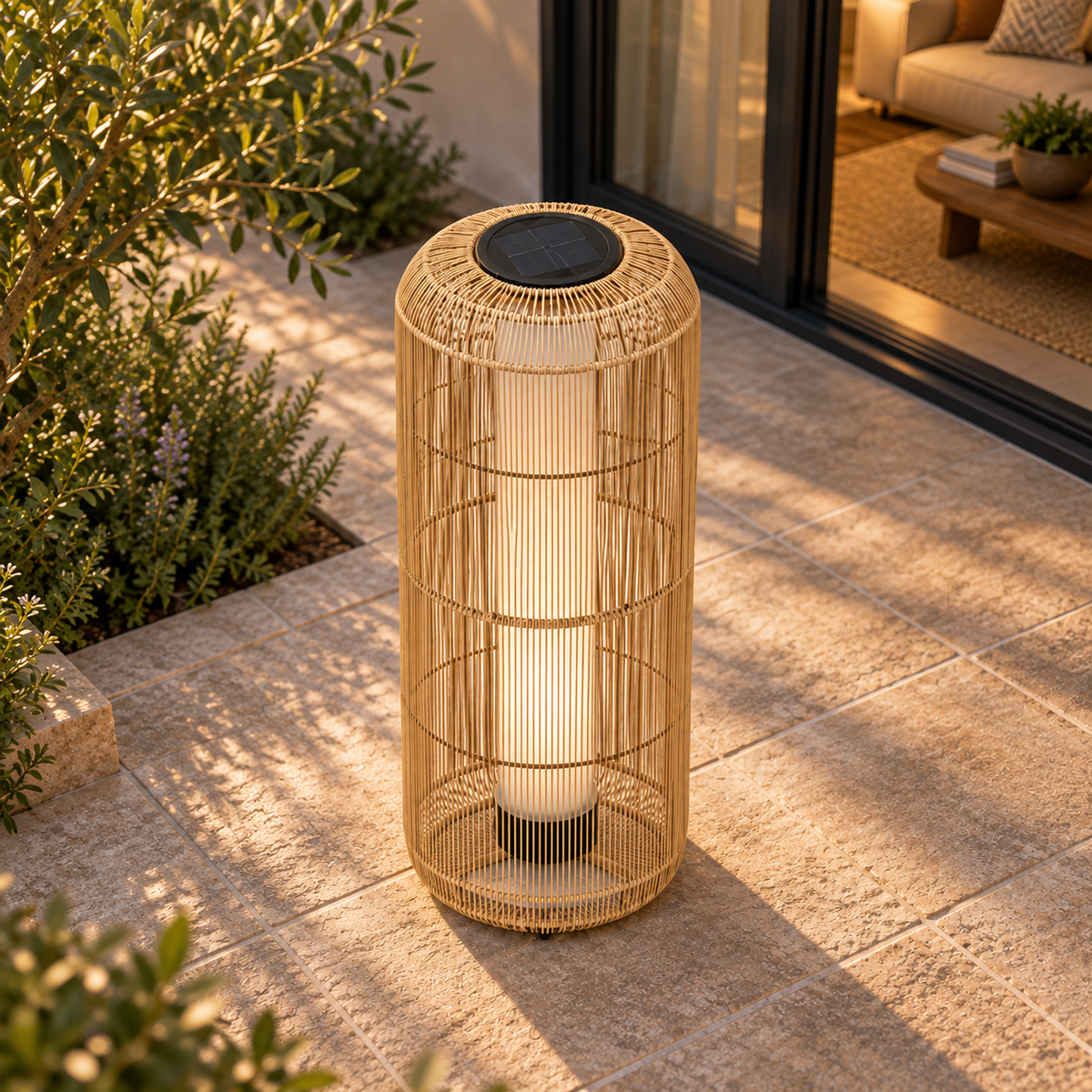 Lifestyle view: Solano Solar Lantern, Column, Open Weave in a furnished setting