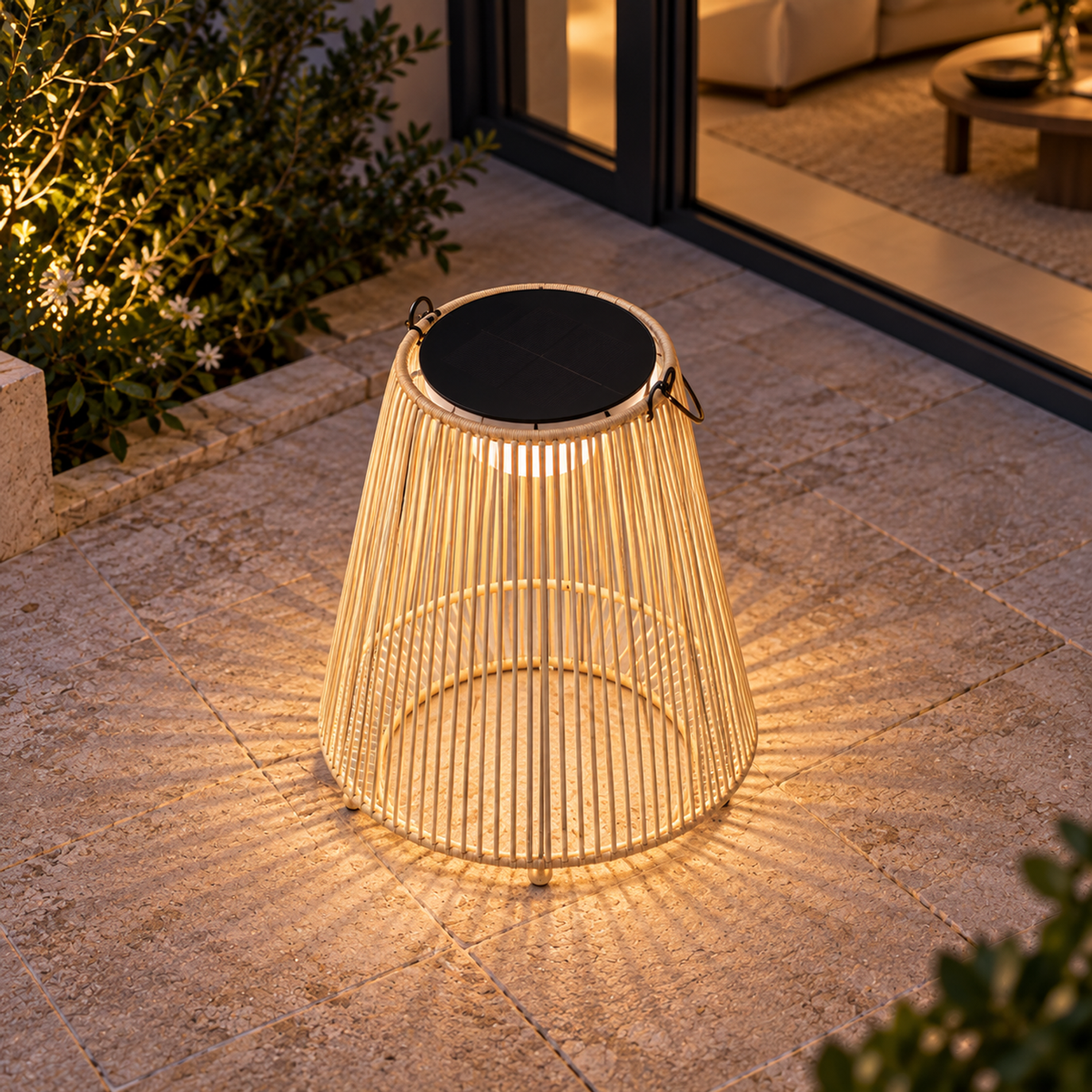 Lifestyle view: Solano Solar Lantern, Cone in a furnished setting