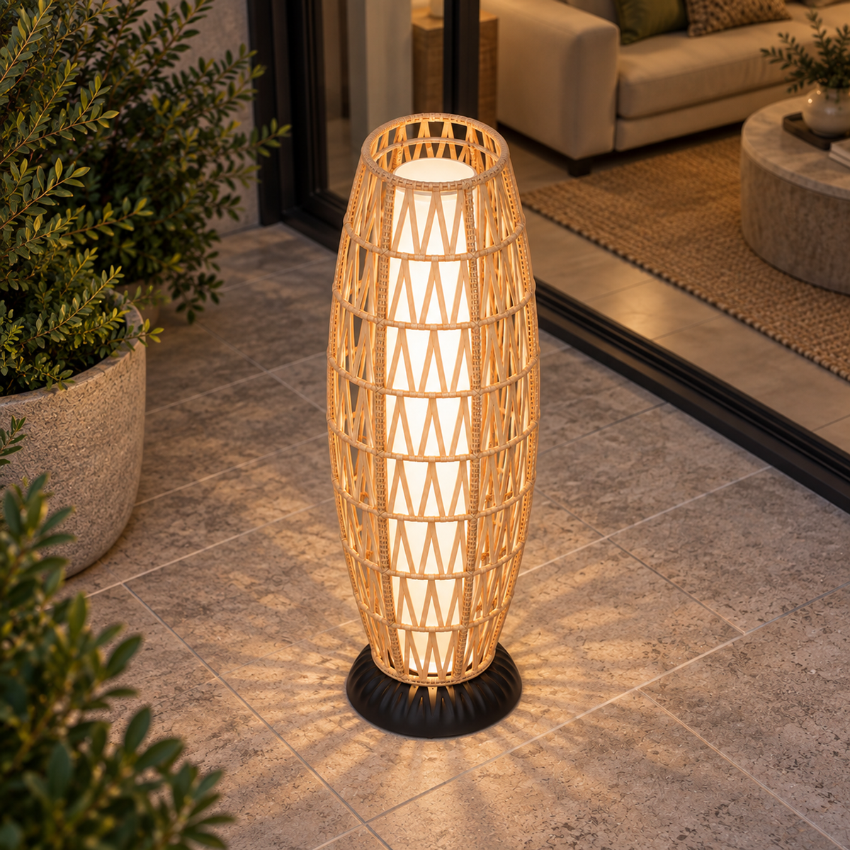 Lifestyle view: Verano Floor Lantern, Barrel in a furnished setting