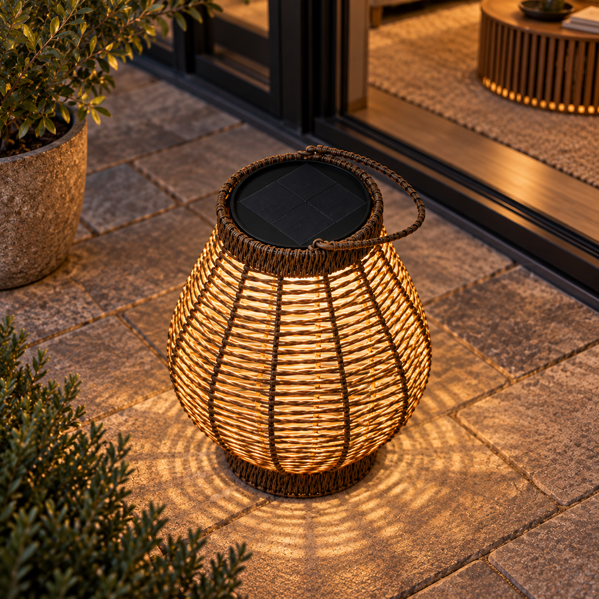 Lifestyle view: Verano Floor Lantern, Compact in a furnished setting