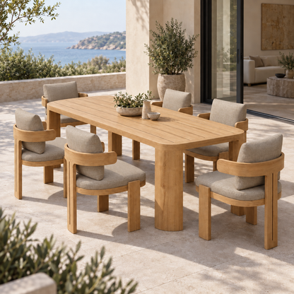 Lifestyle view: Serein Outdoor Dining Set in Teak on a furnished terrace