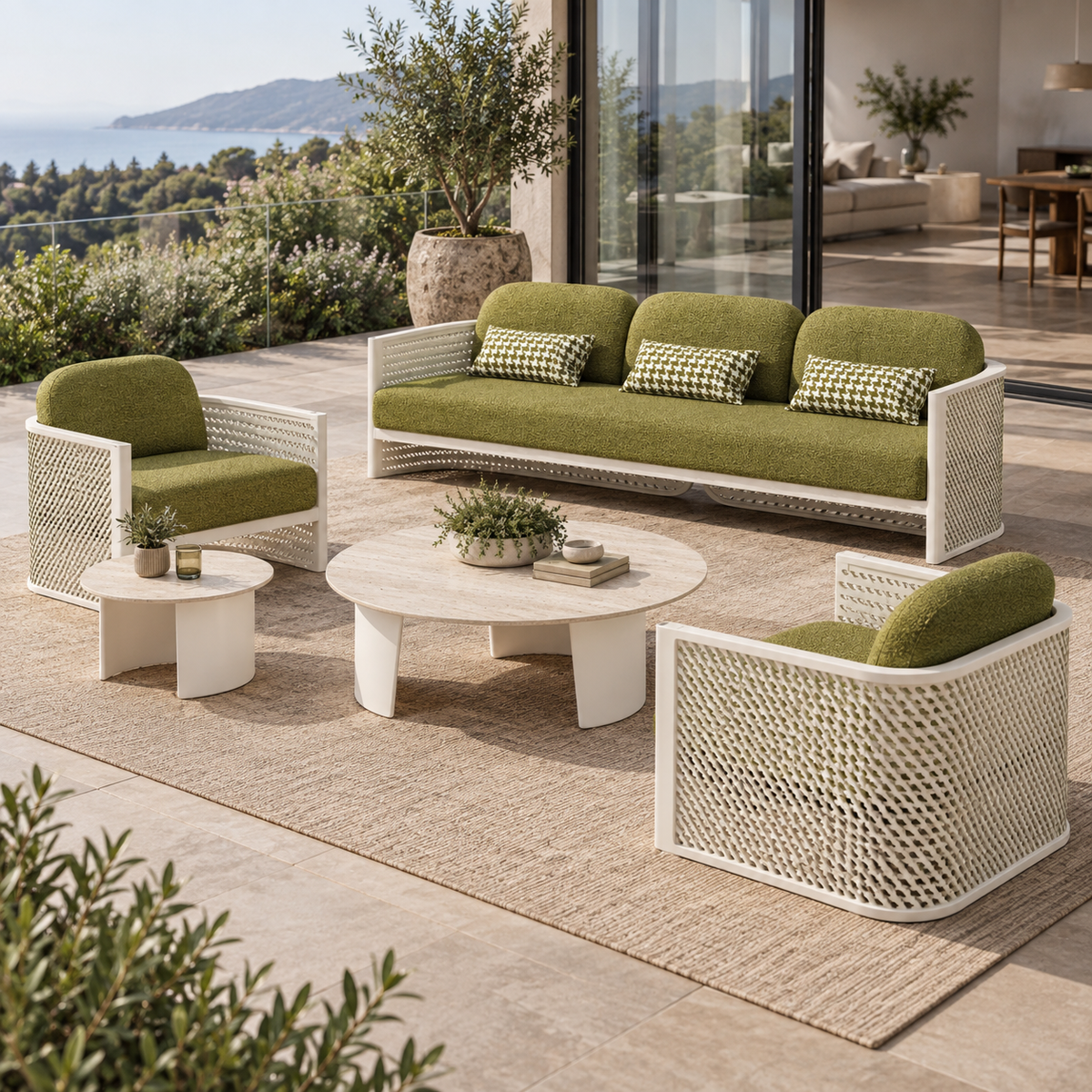 Lifestyle view: Luna Outdoor Sofa Set in Aluminium on a furnished terrace