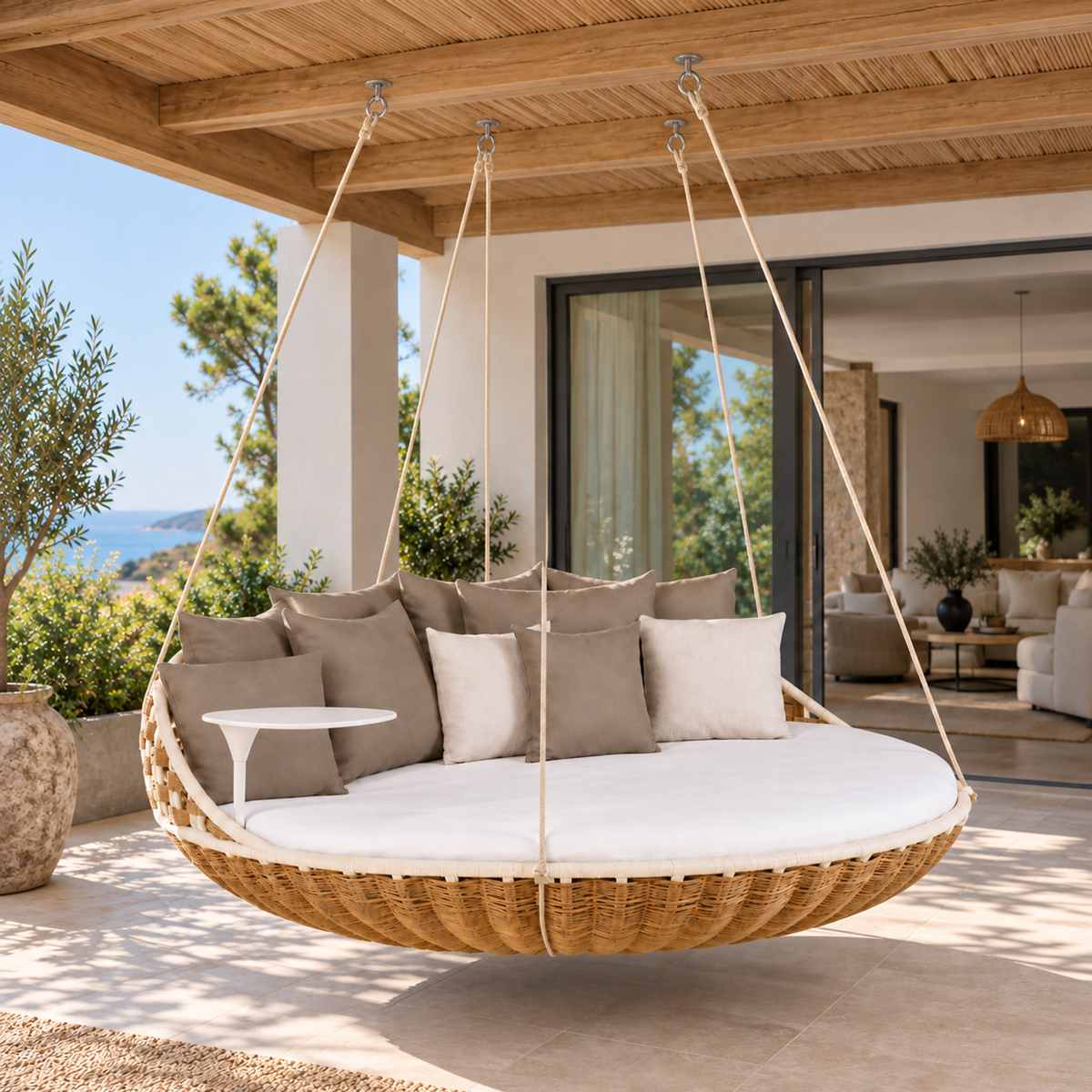 Lifestyle view: Selene Hanging Daybed, photographed in a quiet outdoor courtyard