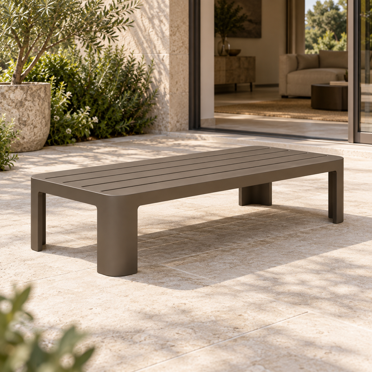 Lifestyle view: Serein aluminium coffee table, left diagonal on a furnished home terrace