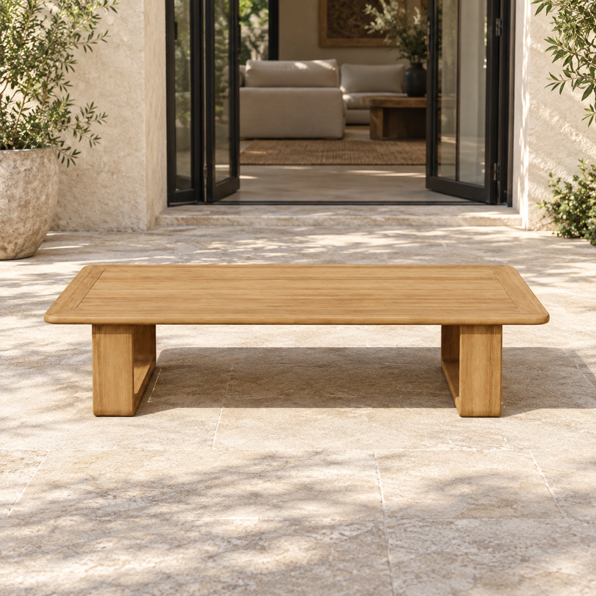 Serein teak coffee table, straight front on a home terrace
