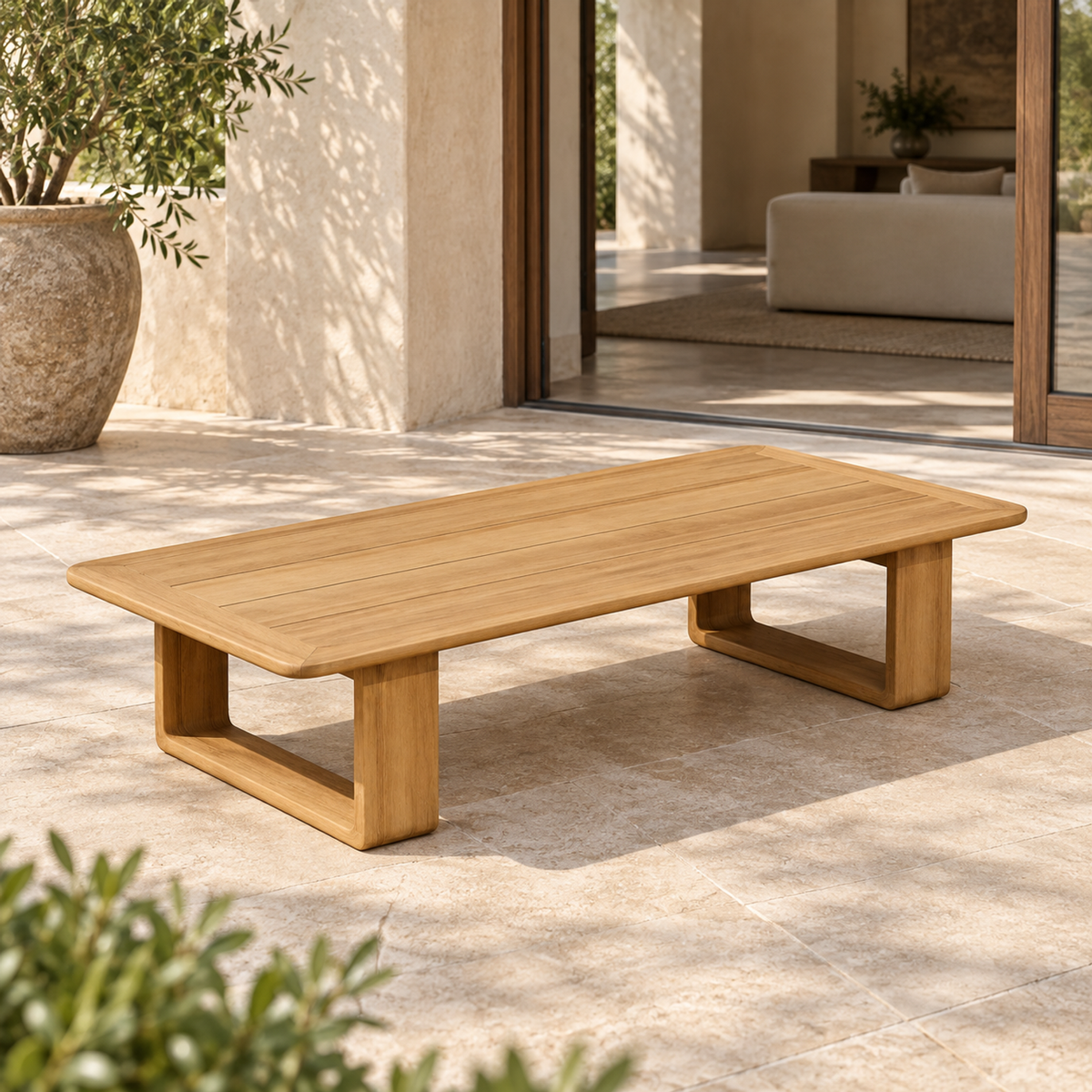 Lifestyle view: Serein teak coffee table, left diagonal on a furnished home terrace