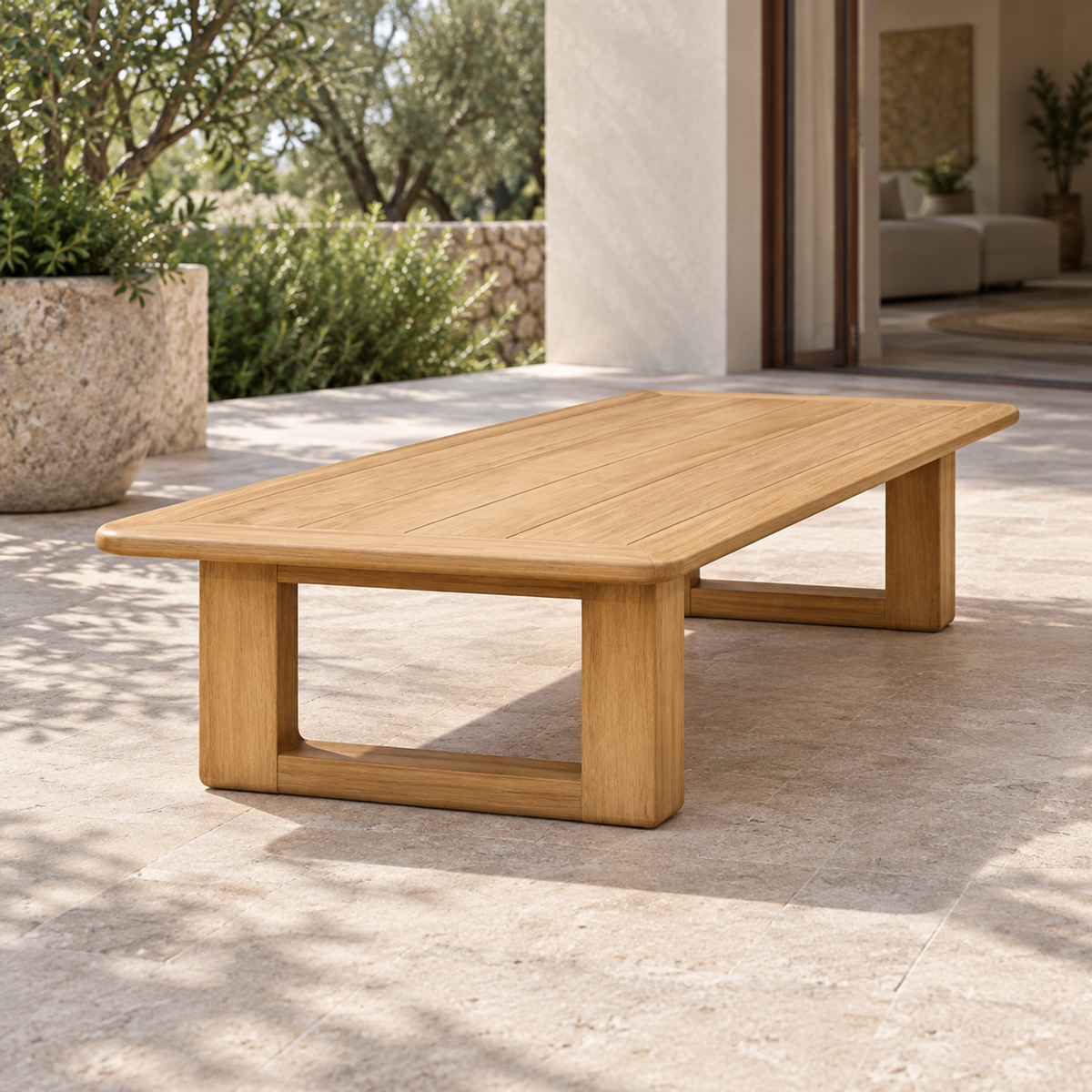 Serein teak coffee table, view along the short end on a home terrace