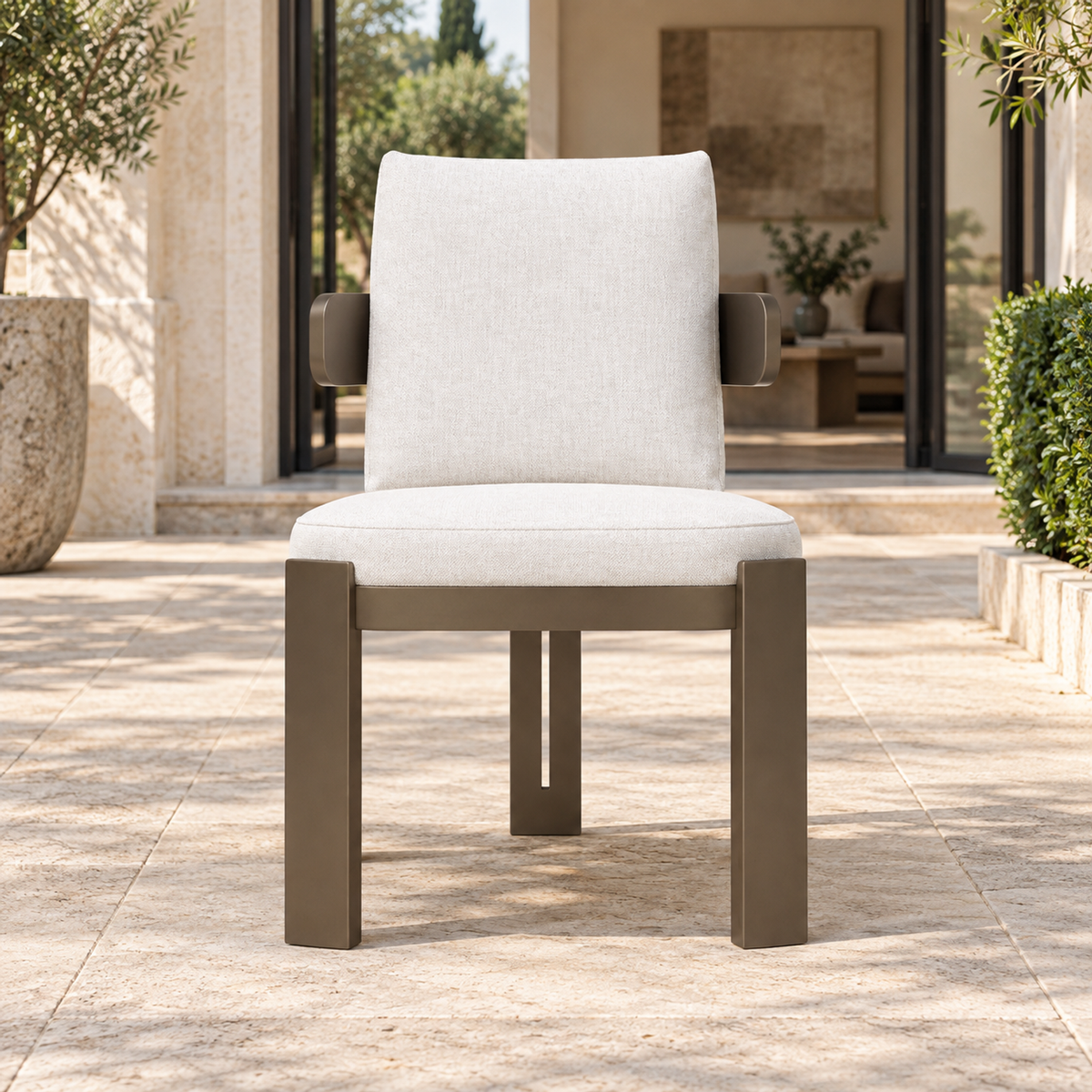 Serein Dining Chair in Aluminium, straight front view on a furnished home terrace