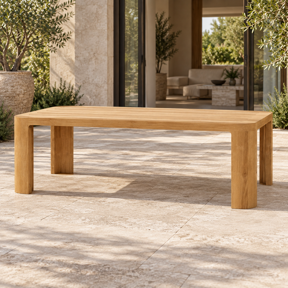 Serein teak dining table, low front view on a home terrace
