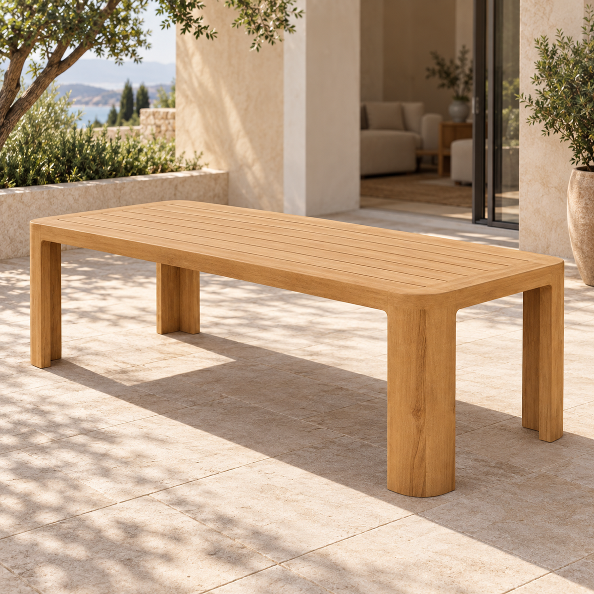 Serein teak dining table, right diagonal on a furnished home terrace