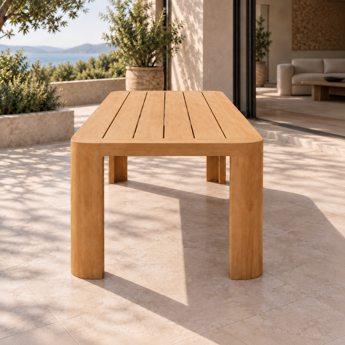 Lifestyle view: Serein teak dining table on a planted garden terrace