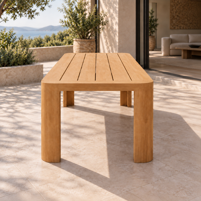 Lifestyle view: Serein teak dining table on a planted garden terrace