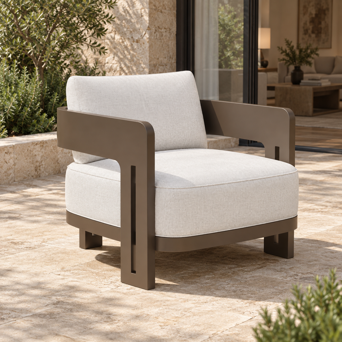 Serein aluminium lounge chair, left diagonal view on a furnished home terrace