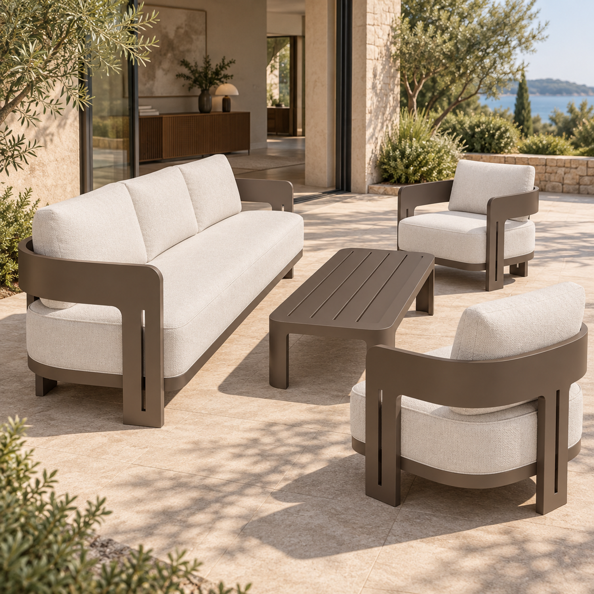 Serein aluminium sofa set, left-end view on a home terrace