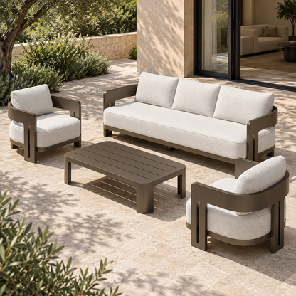 Lifestyle view: Serein aluminium sofa set, opposite diagonal beside a furnished home