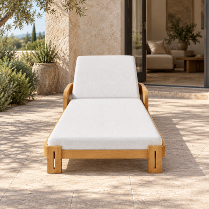 Serein teak sun lounger, straight foot-end view on a home terrace