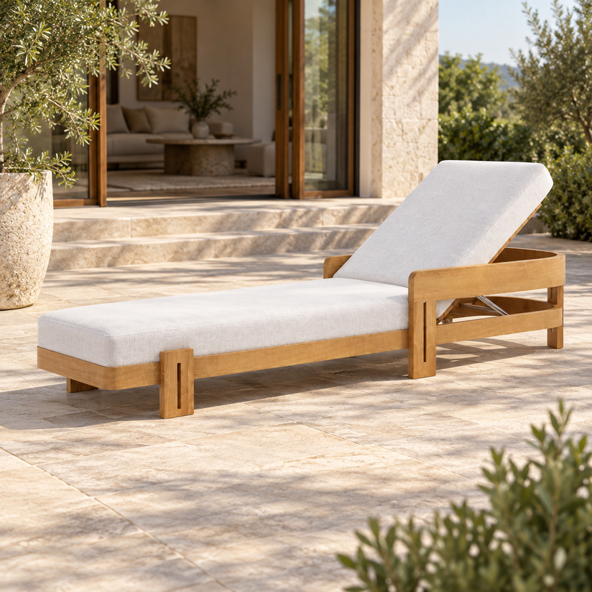 Lifestyle view: Serein teak sun lounger, foot-end diagonal on a furnished home terrace