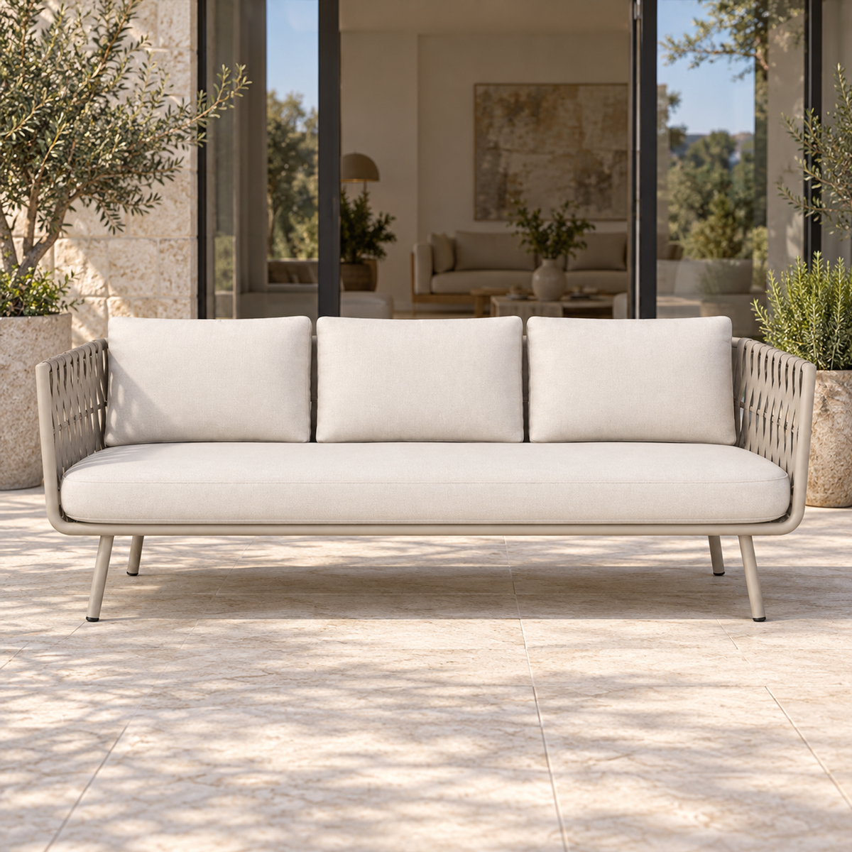 Lifestyle view: Tavira sofa with broad taupe straps, one ivory seat and three back cushions, photographed in a limestone courtyard