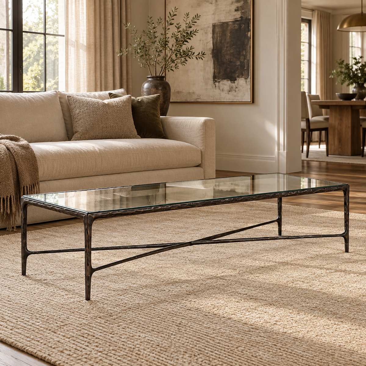 Lifestyle view: Thaddeus Glass Coffee Table, photographed in a quiet interior