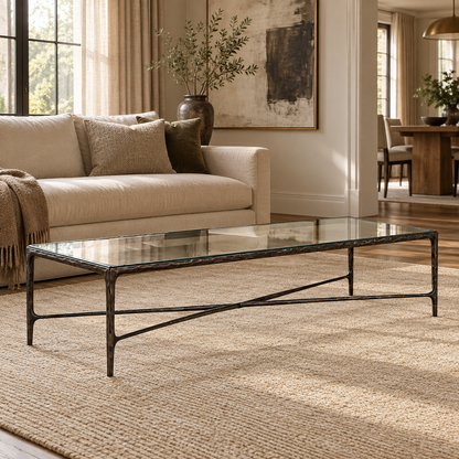 Lifestyle view: Thaddeus Glass Coffee Table, photographed in a quiet interior