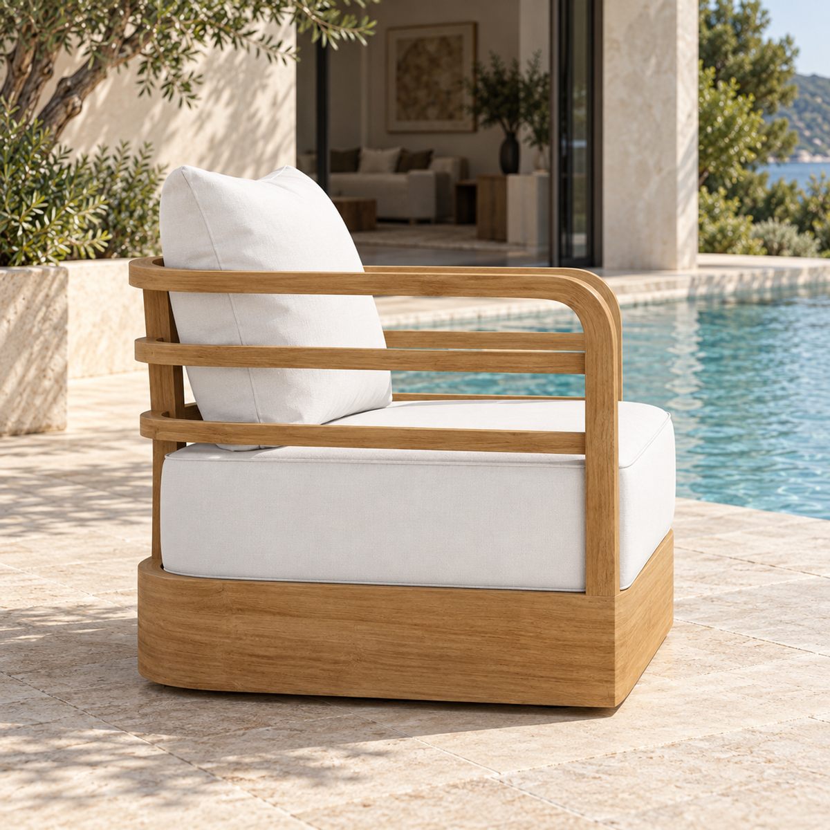 Vela teak lounge chair, side view on a home terrace
