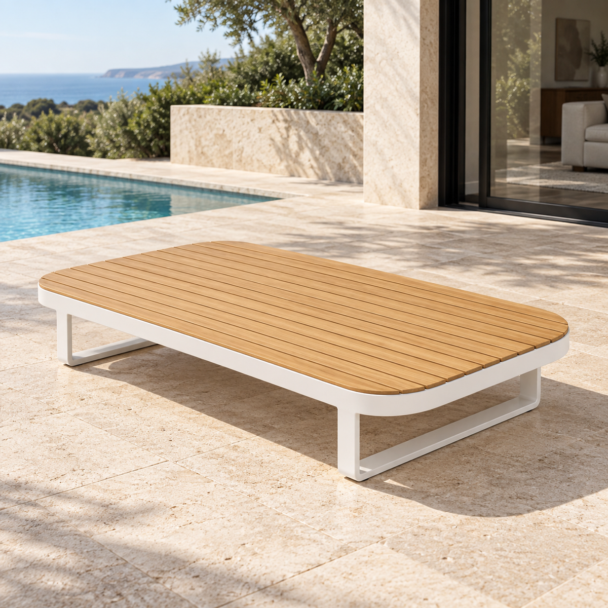 Lifestyle view: Vela Modular Coffee Table in Aluminium, photographed on a furnished outdoor terrace