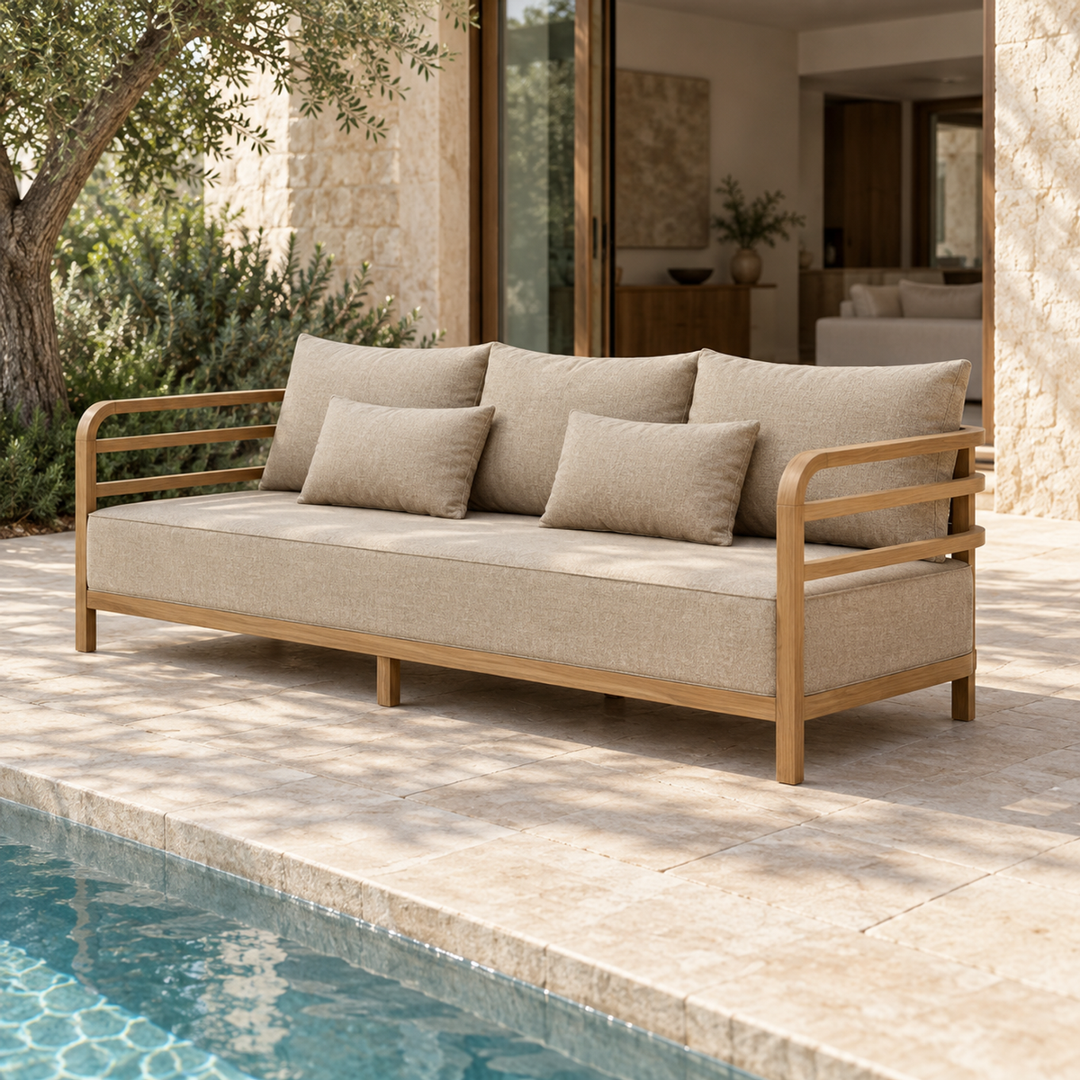 Vela teak sofa, diagonal view on a home terrace