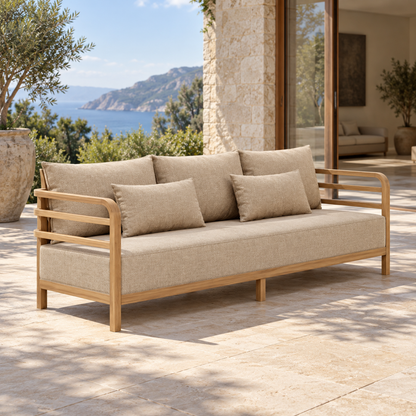Vela teak sofa, diagonal view on a home terrace