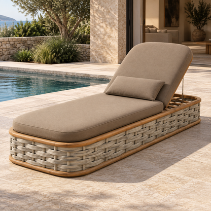 Vela woven teak sun lounger, opposite diagonal view on a home terrace