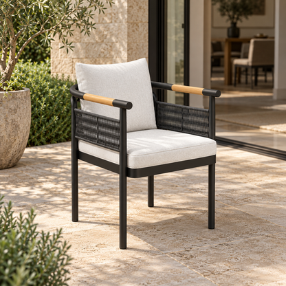 Lifestyle view: Zenia aluminium dining chair, left diagonal view on a furnished home terrace