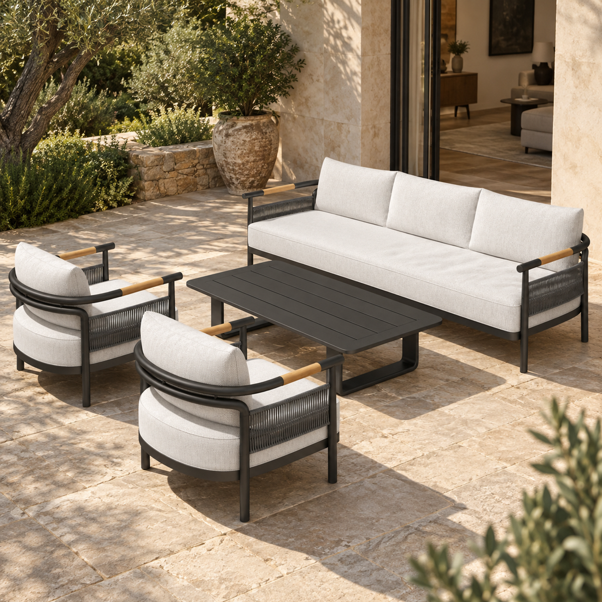 Lifestyle view: Zenia aluminium sofa set, diagonal view on a furnished home terrace