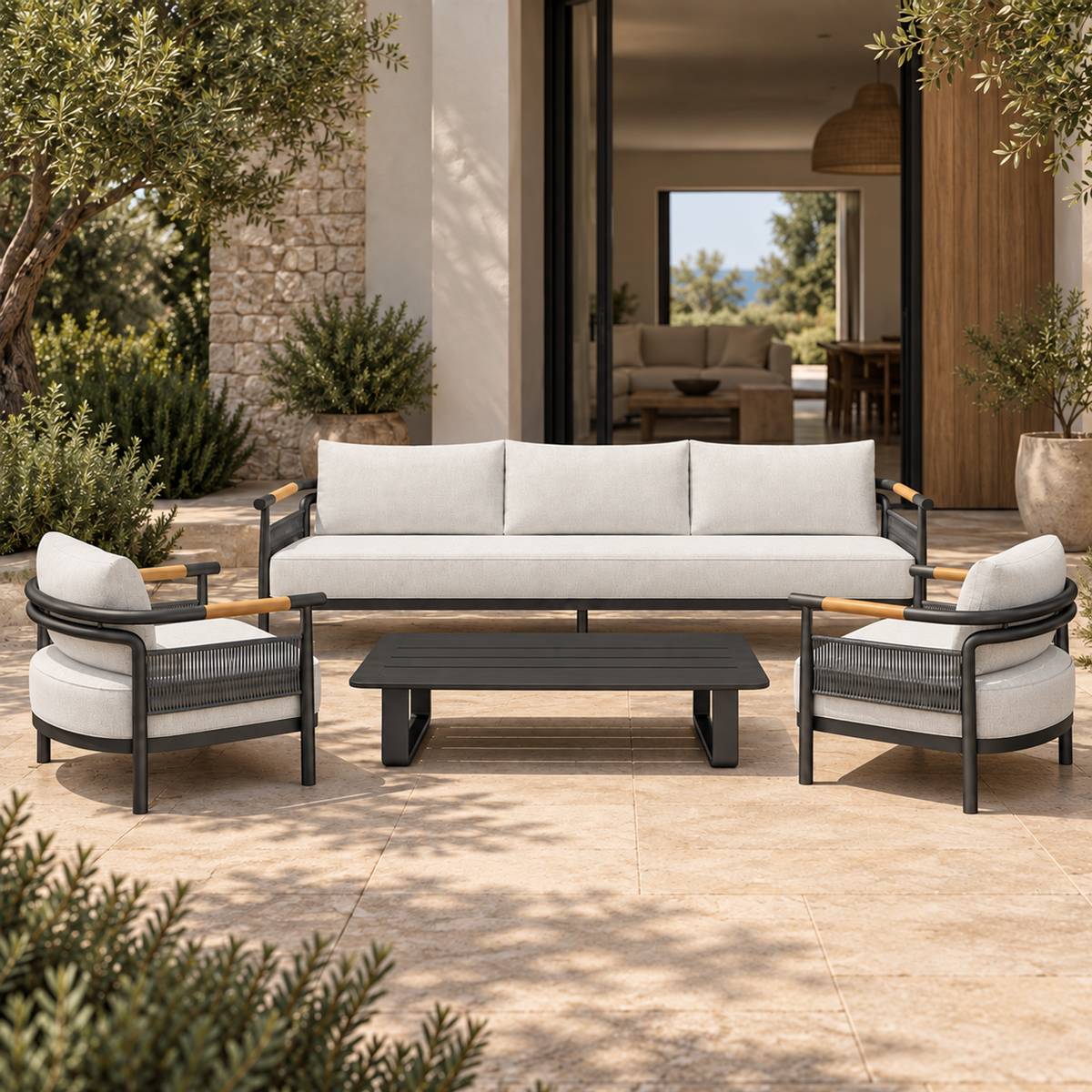 Lifestyle view: Zenia aluminium sofa set, straight front view on a furnished home terrace