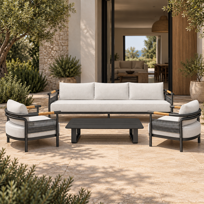 Lifestyle view: Zenia aluminium sofa set, straight front view on a furnished home terrace