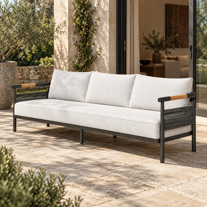 Zenia aluminium sofa, right diagonal view on a home terrace