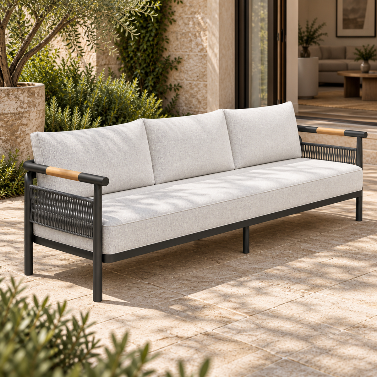 Zenia aluminium sofa, left diagonal view beside a furnished home