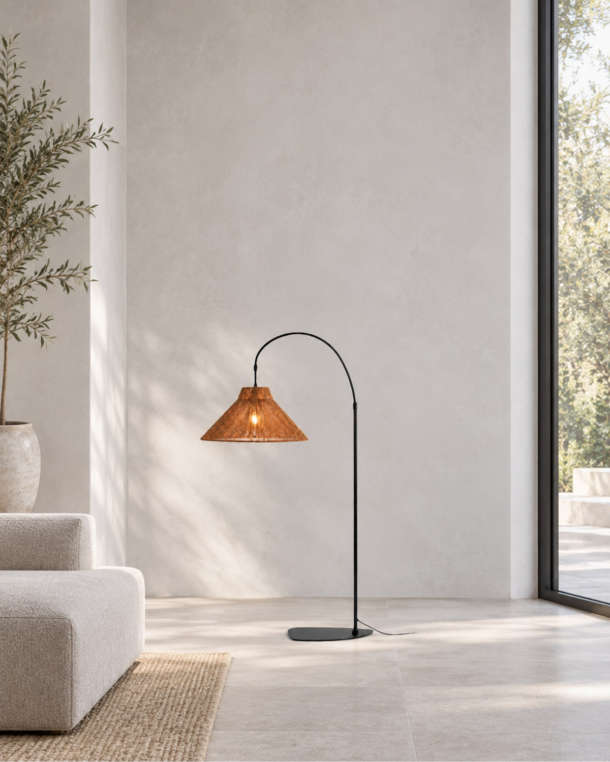 Cannella Arc Floor Lamp, Arc in Paper Rope in a styled setting