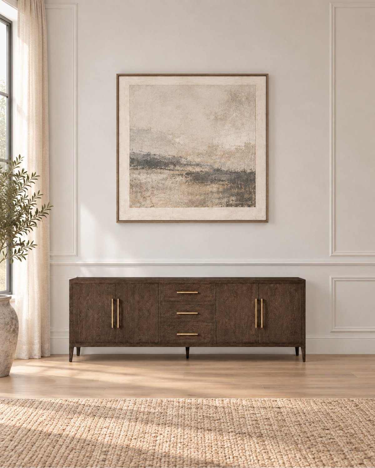 French Contemporary 4-Door Sideboard with Drawers in a styled setting