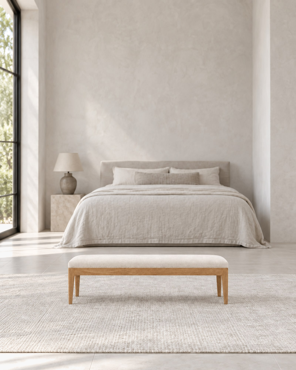 French Contemporary Fabric End-of-Bed Bench in a styled setting