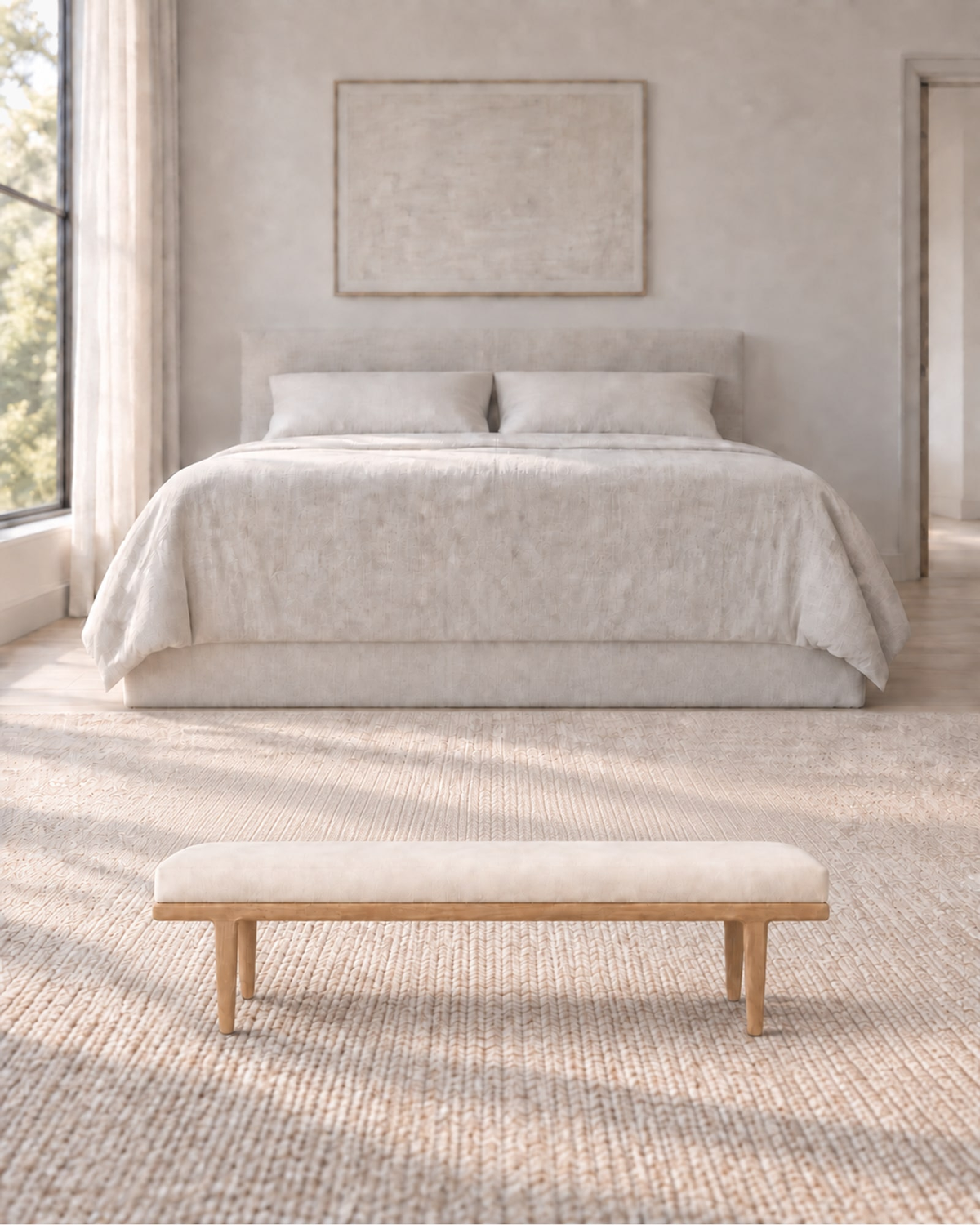 Gael Oak Fabric End-of-Bed Bench in a styled setting
