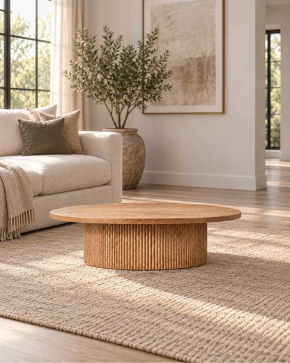 Mulholland Pedestal Round Coffee Table in a styled setting