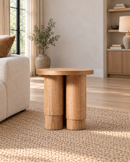Oak Tropez Round Pedestal Side Table in a styled setting