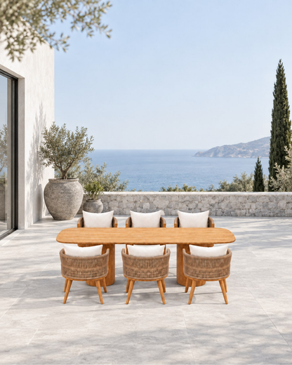 Ripple Outdoor Dining Set in Teak in a styled setting