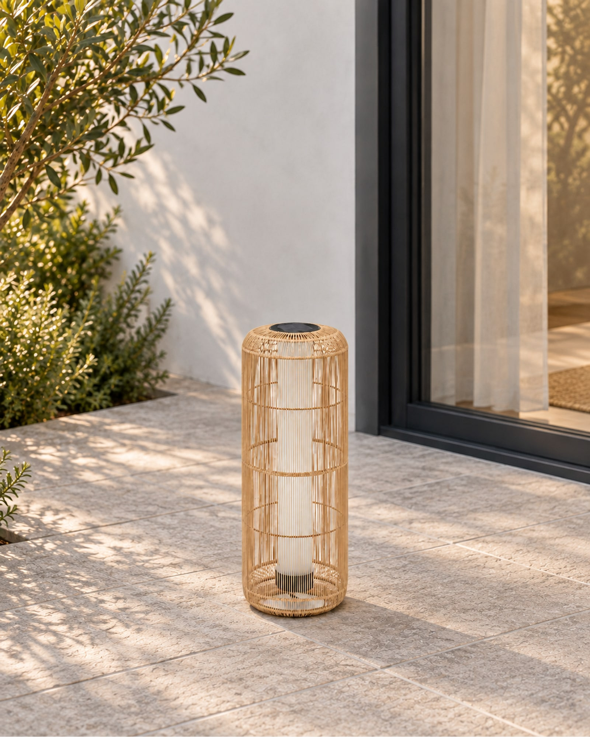 Solano Solar Lantern, Column, Open Weave in a styled setting