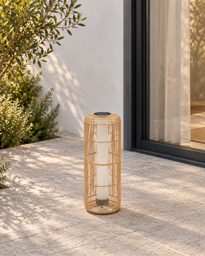 Solano Solar Lantern, Column, Open Weave in a styled setting